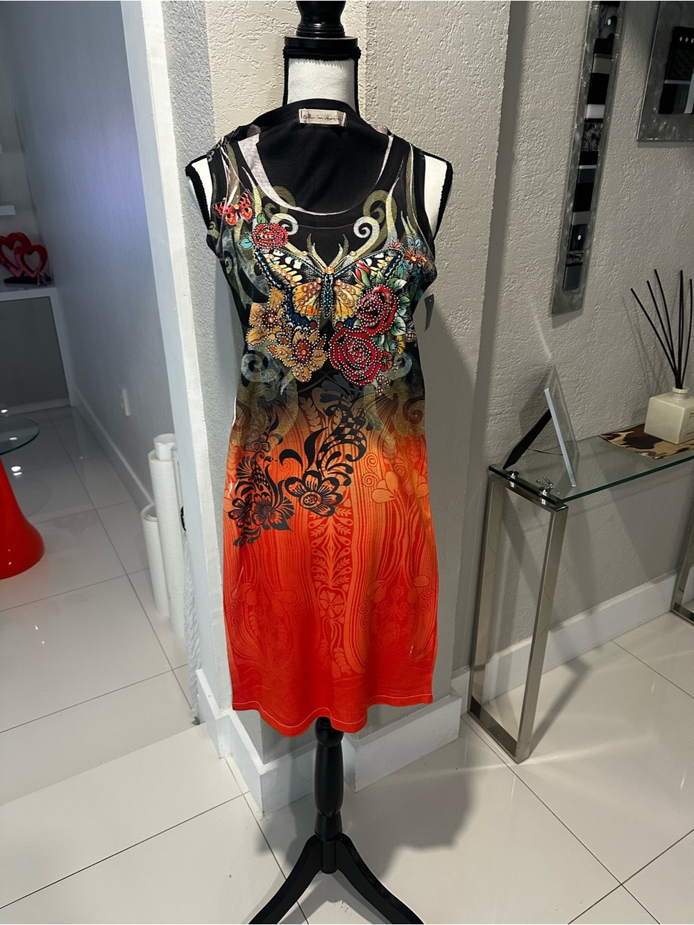Sleeveless Orange Ombre Floral & Butterfly Shift Dress
